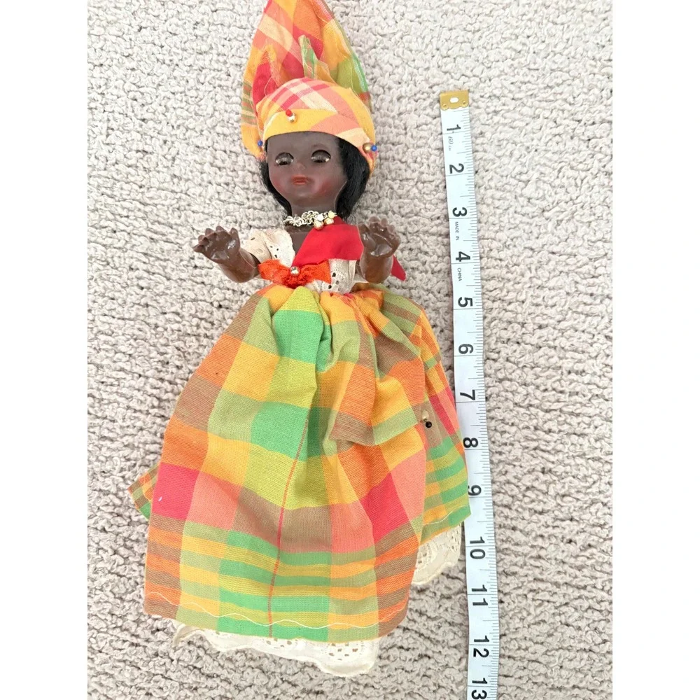 Vintage Caribbean Souvenir Doll Madras Plaid Traditional Dress Sleep Eyes 10.5in